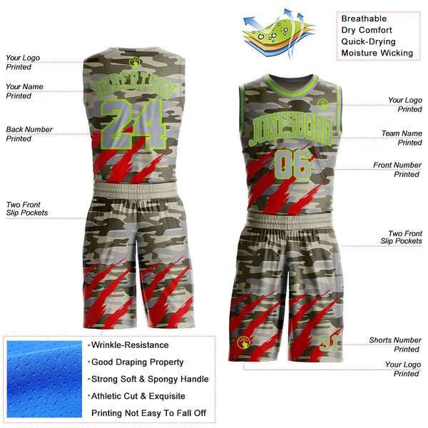 Custom Camo Gray-Neon Green Desert Camouflage Claw Round Neck Sublimation Salute To Service Basketball Uniform Jersey alternate