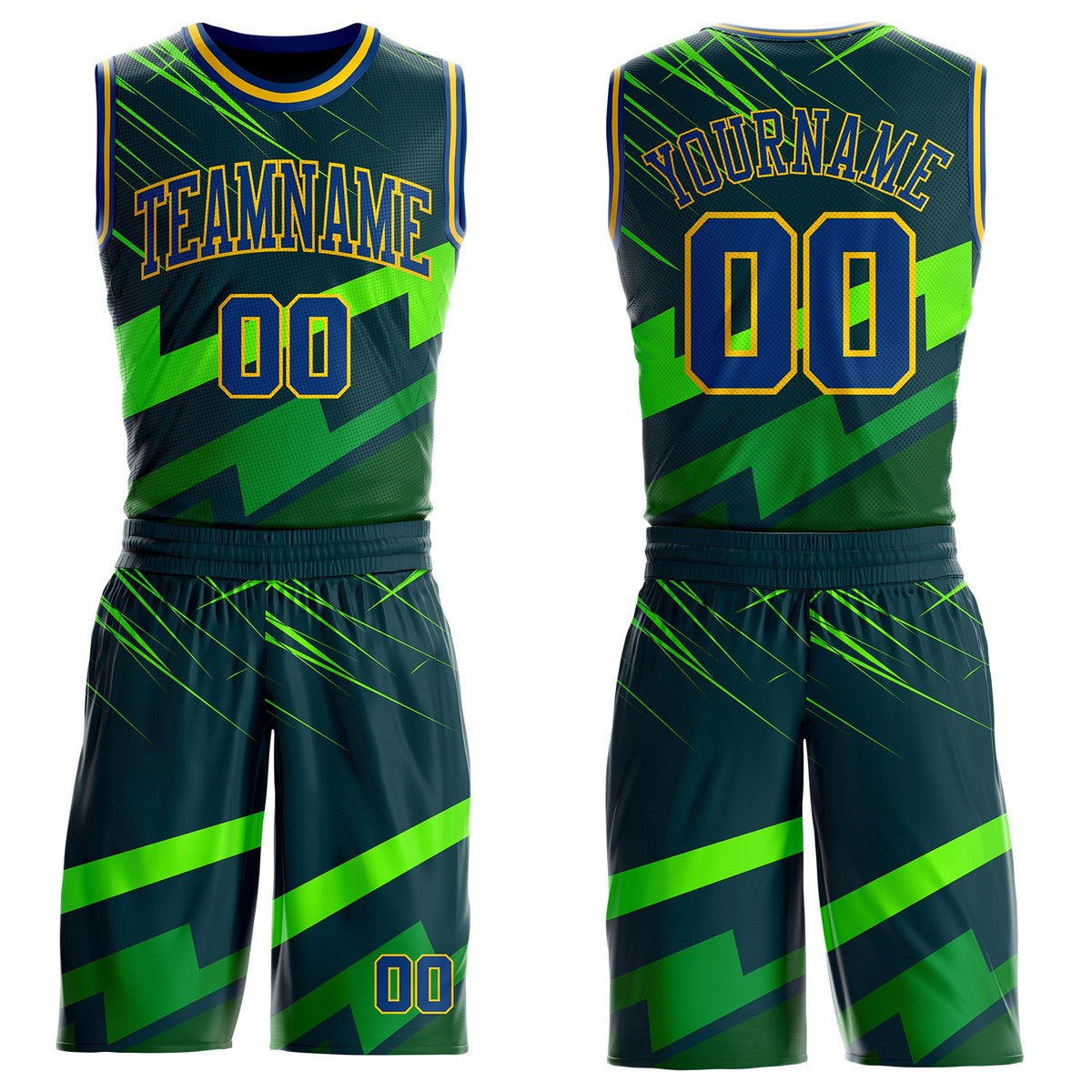 Custom Green US Navy Blue-Yellow Vibrant Lightning Stripe Round Neck Sublimation Basketball Uniform Jersey