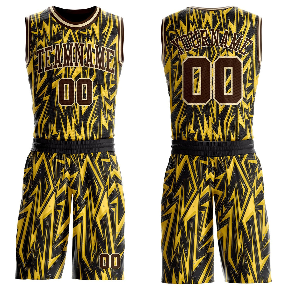 Custom Black Brown Yellow-Cream Edgy Lightning Round Neck Sublimation Basketball Uniform Jersey