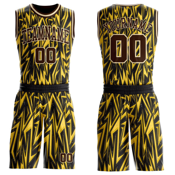 Custom Black Brown Yellow-Cream Edgy Lightning Round Neck Sublimation Basketball Uniform Jersey