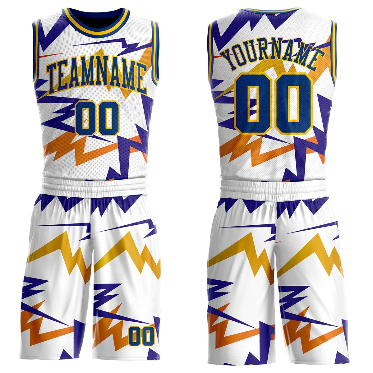 Custom White US Navy Blue-Yellow Retro Lightning Round Neck Sublimation Basketball Uniform Jersey