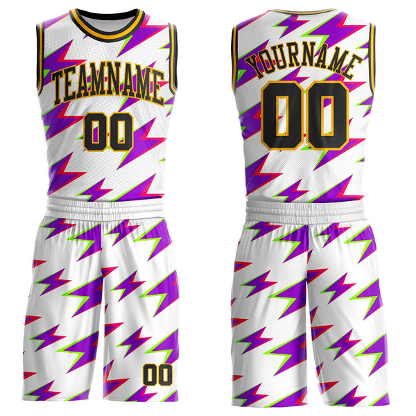 Custom White Black Purple-Gold Retro Lightning Round Neck Sublimation Basketball Uniform Jersey