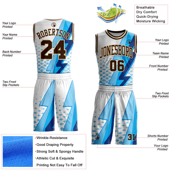 Custom White Brown Blue-Cream Vibrant Lightning Stripe Round Neck Sublimation Basketball Uniform Jersey alternate