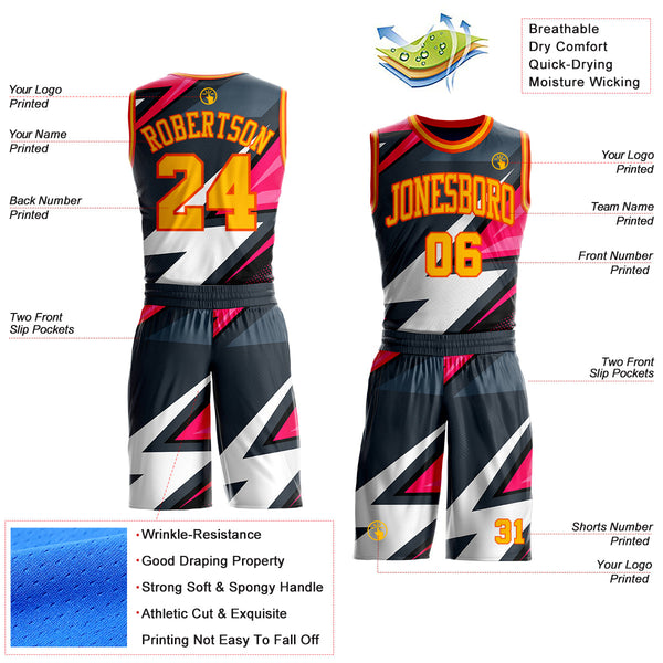 Custom Black Gold Pink-Orange Vibrant Lightning Stripe Round Neck Sublimation Basketball Uniform Jersey alternate