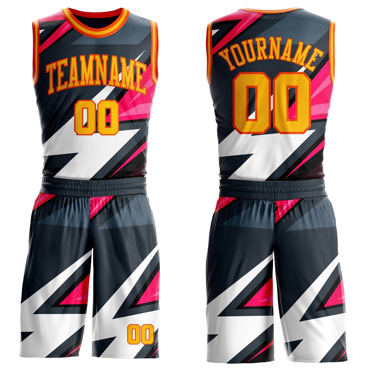 Custom Black Gold Pink-Orange Vibrant Lightning Stripe Round Neck Sublimation Basketball Uniform Jersey