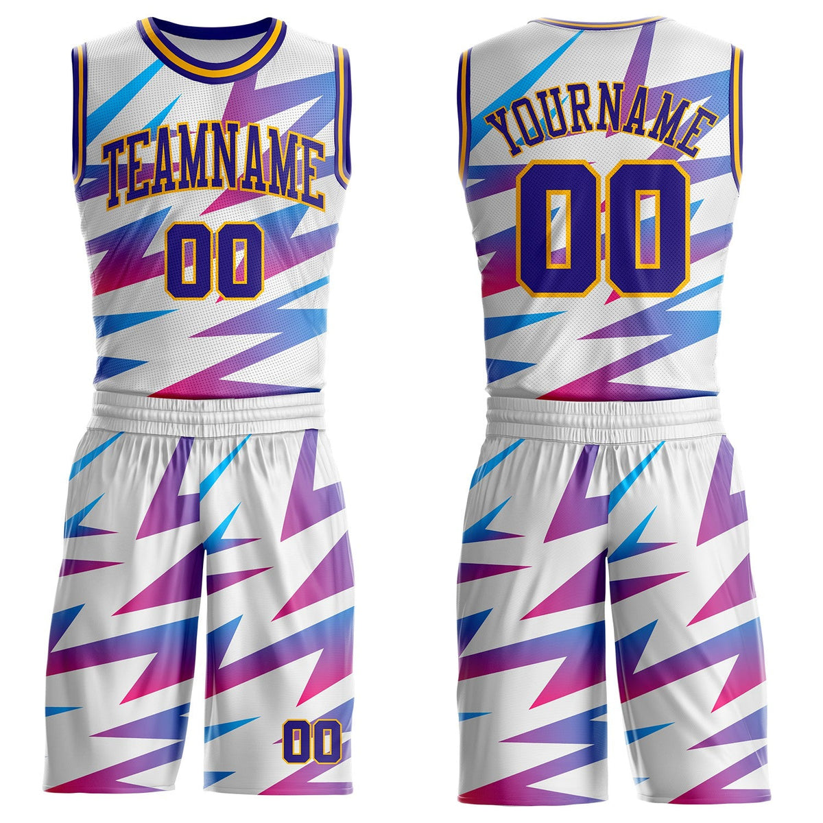 Custom White Dark Purple-Gold Abstract Lightning Round Neck Sublimation Basketball Uniform Jersey