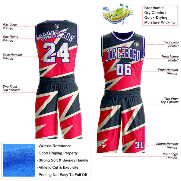 Custom Black White Red Cream-Dark Purple Vibrant Lightning Stripe Round Neck Sublimation Basketball Uniform Jersey alternate