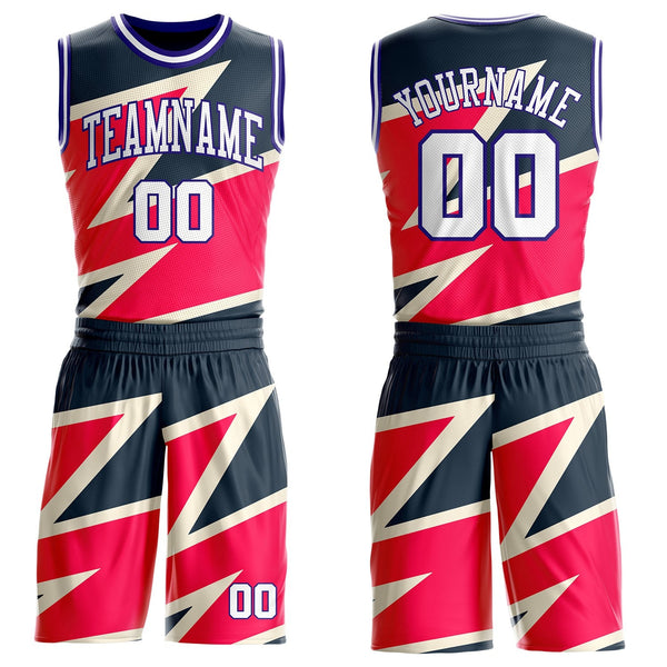 Custom Black White Red Cream-Dark Purple Vibrant Lightning Stripe Round Neck Sublimation Basketball Uniform Jersey