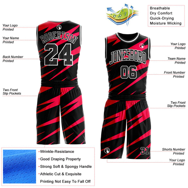 Custom Black Red-White Vibrant Lightning Stripe Round Neck Sublimation Basketball Uniform Jersey alternate