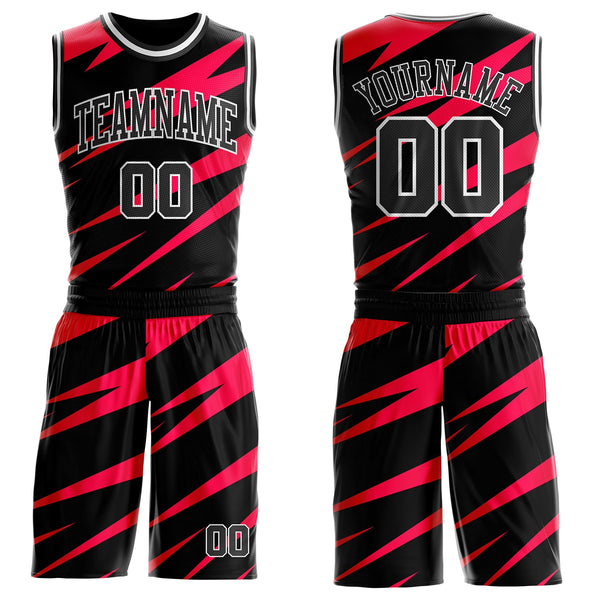 Custom Black Red-White Vibrant Lightning Stripe Round Neck Sublimation Basketball Uniform Jersey