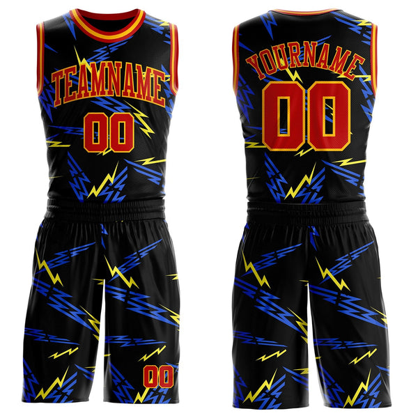 Custom Black Red Blue-Gold Vibrant Lightning Round Neck Sublimation Basketball Uniform Jersey