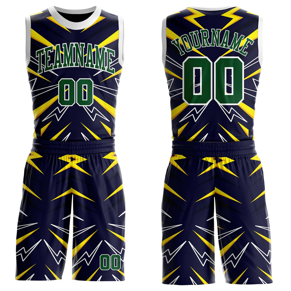 Custom Blue Green Yellow-White Lightning Burst Round Neck Sublimation Basketball Uniform Jersey