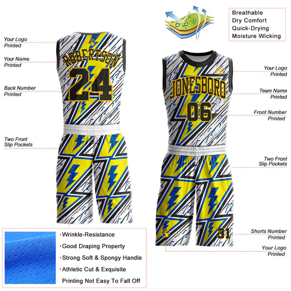 Custom White Black Blue-Yellow Geometric Lightning Round Neck Sublimation Basketball Uniform Jersey alternate