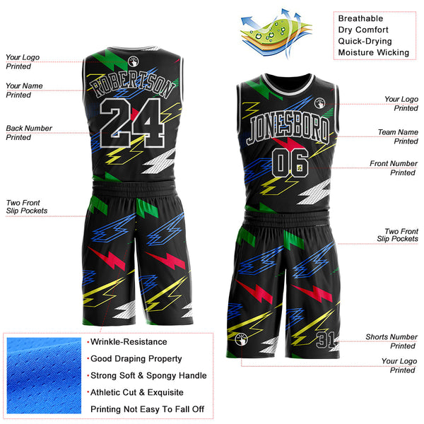 Custom Black Green Blue Red-White Geometric Lightning Round Neck Sublimation Basketball Uniform Jersey alternate
