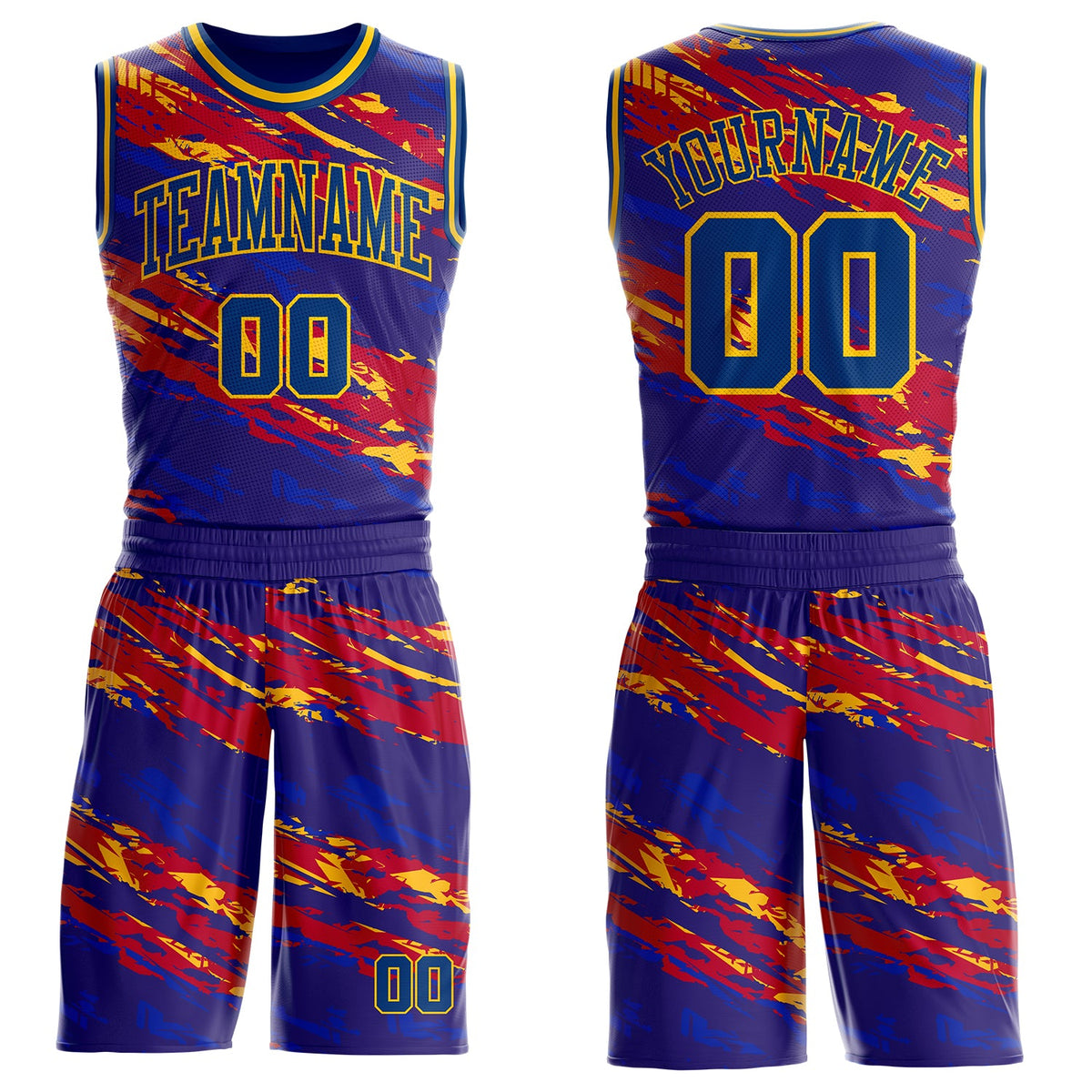 Custom US Navy Blue Red-Yellow Brush Stroke Abstract Round Neck Sublimation Basketball Uniform Jersey