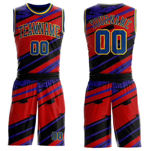 Custom Red US Navy Blue Black-Yellow Abstract Diagonal Stripe Splatter Round Neck Sublimation Basketball Uniform Jersey