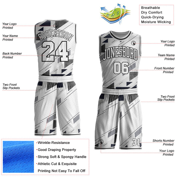 Custom White Gray-Black Geometric Abstract Triangle Round Neck Sublimation Basketball Uniform Jersey alternate