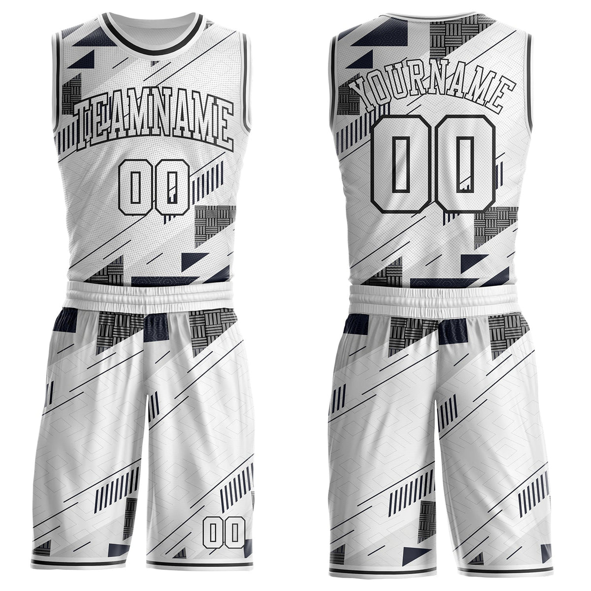 Custom White Gray-Black Geometric Abstract Triangle Round Neck Sublimation Basketball Uniform Jersey