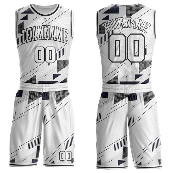 Custom White Gray-Black Geometric Abstract Triangle Round Neck Sublimation Basketball Uniform Jersey