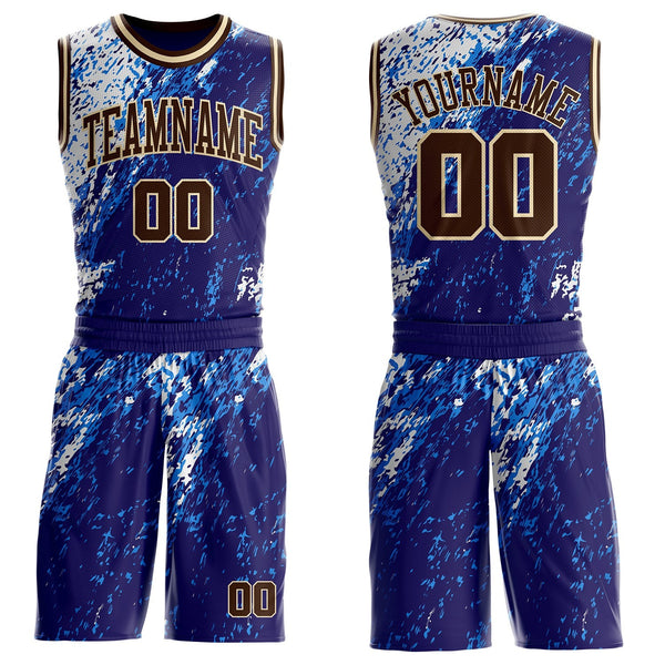 Custom Blue Brown White-Cream Brush Stroke Abstract Round Neck Sublimation Basketball Uniform Jersey