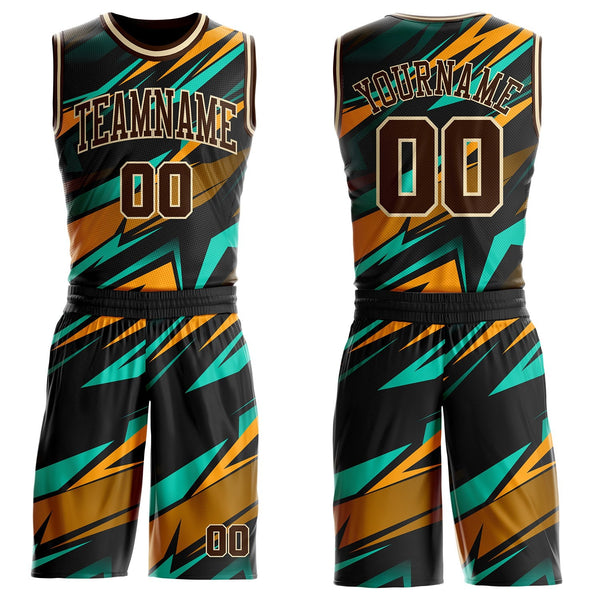 Custom Black Brown Ice Blue Yellow-Cream Lightning Geometric Round Neck Sublimation Basketball Uniform Jersey