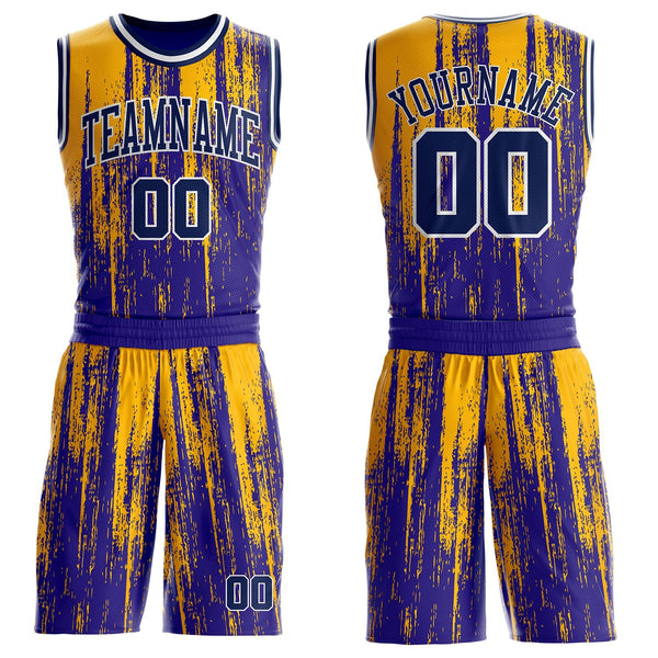 Custom Dark Purple Navy Gold-White Grunge Paint Round Neck Sublimation Basketball Uniform Jersey