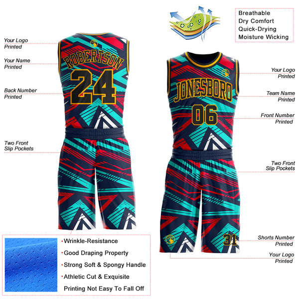 Custom Blue Black Red-Gold Geometric Abstract Triangle Round Neck Sublimation Basketball Uniform Jersey alternate