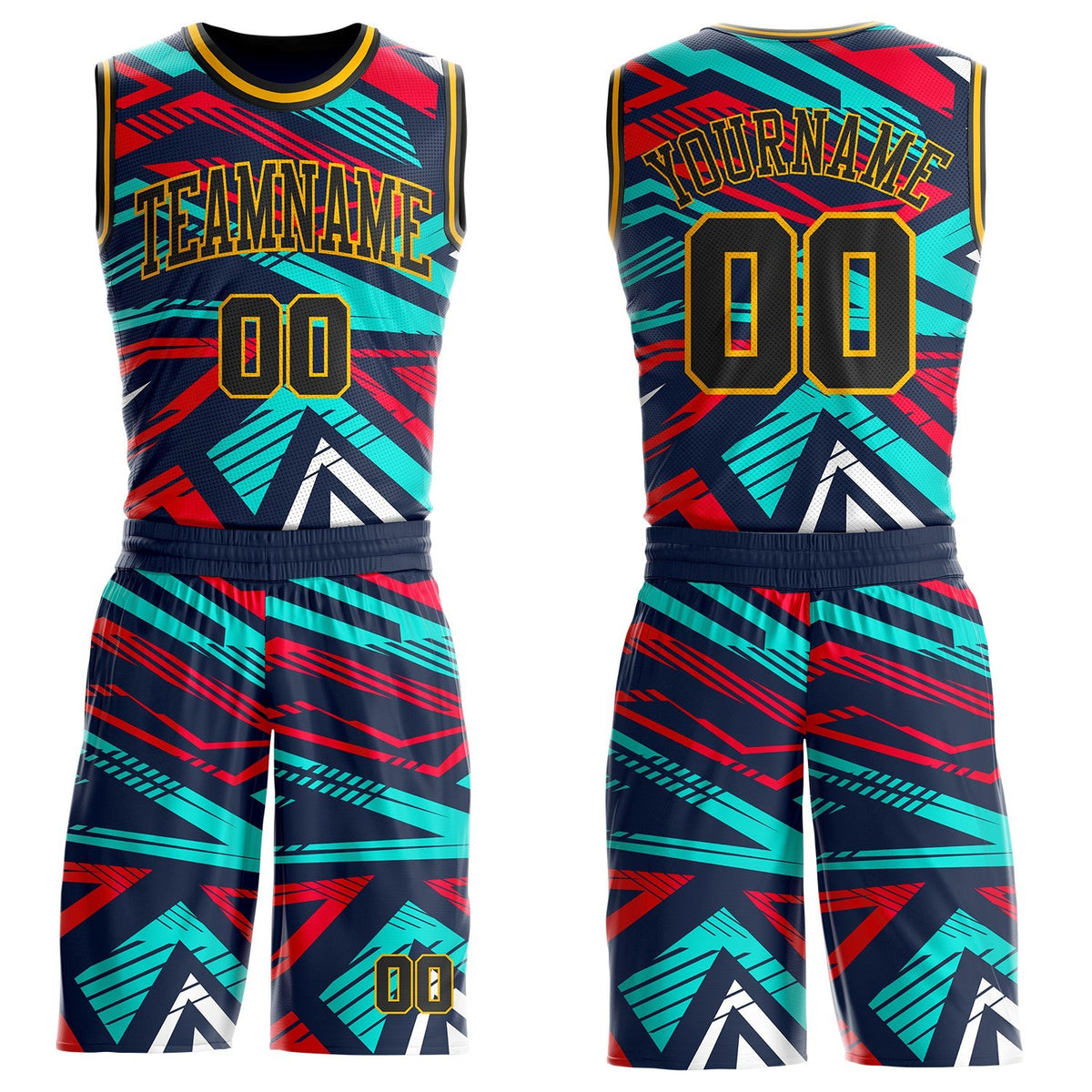 Custom Blue Black Red-Gold Geometric Abstract Triangle Round Neck Sublimation Basketball Uniform Jersey