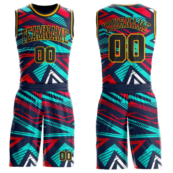 Custom Blue Black Red-Gold Geometric Abstract Triangle Round Neck Sublimation Basketball Uniform Jersey