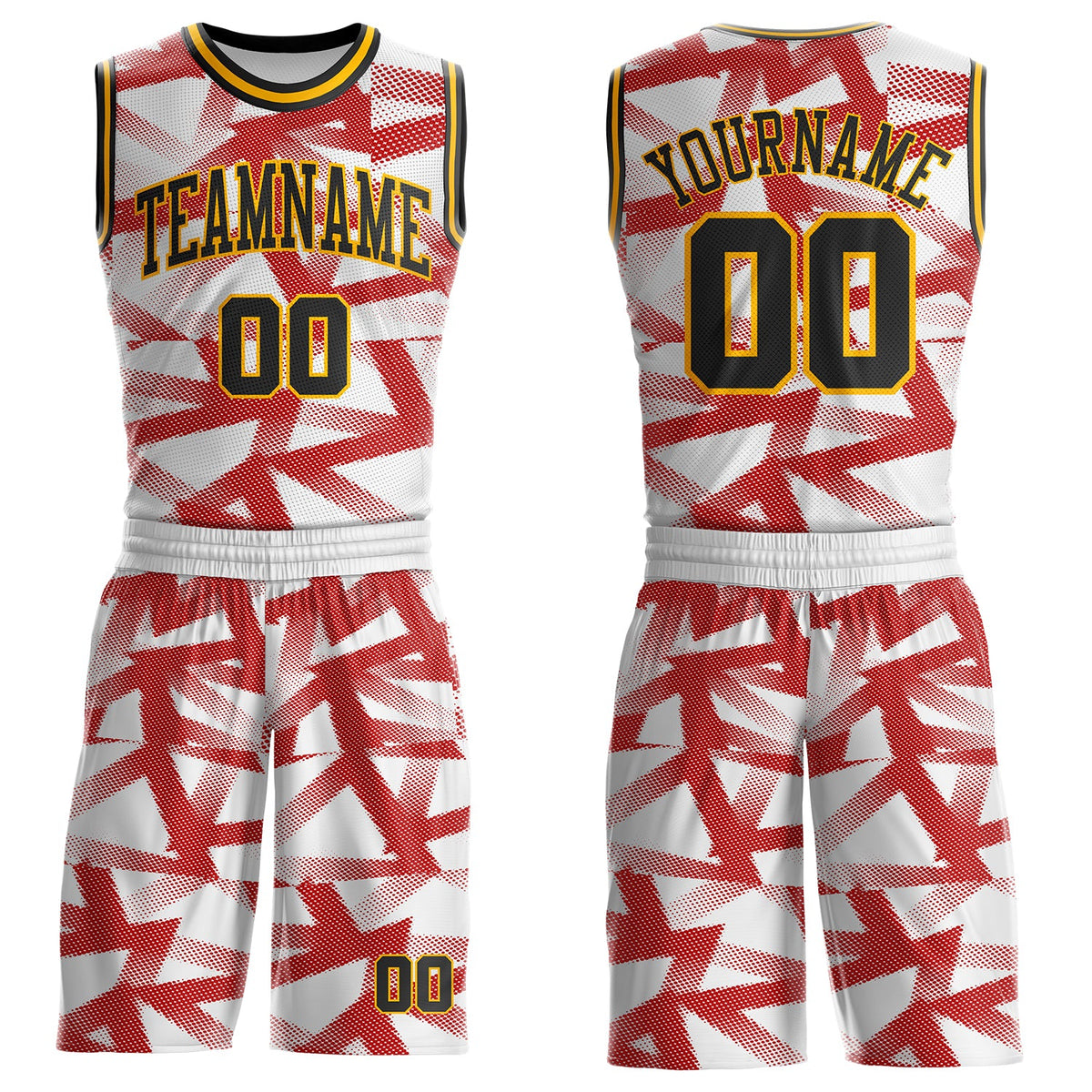 Custom White Black Red-Gold Abstract Geometric Round Neck Sublimation Basketball Uniform Jersey
