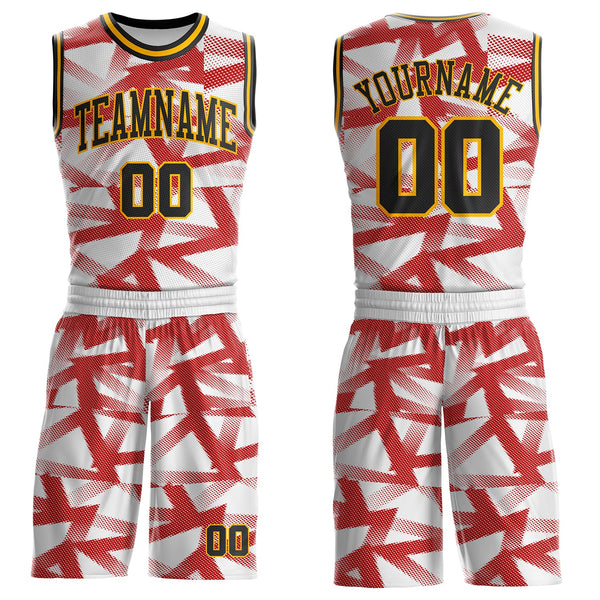 Custom White Black Red-Gold Abstract Geometric Round Neck Sublimation Basketball Uniform Jersey