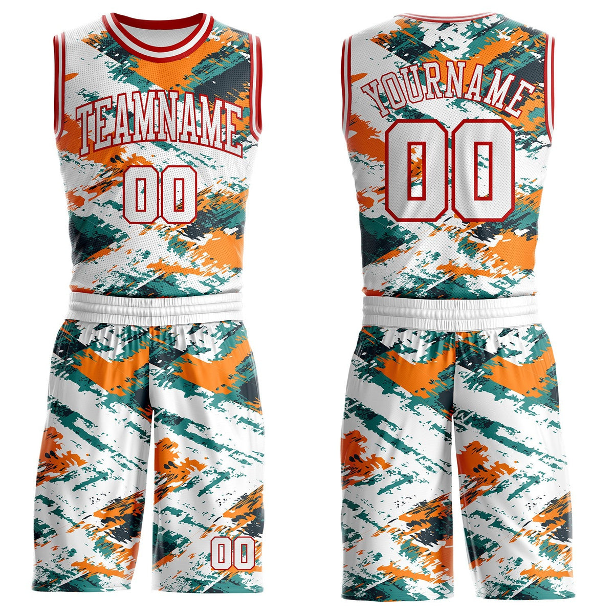 Custom White Green Orange-Red Brush Stroke Abstract Round Neck Sublimation Basketball Uniform Jersey