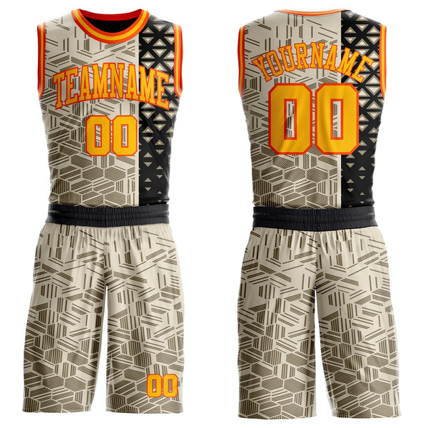Custom Cream Gold Black-Orange Split Geometric Tribal Round Neck Sublimation Basketball Uniform Jersey