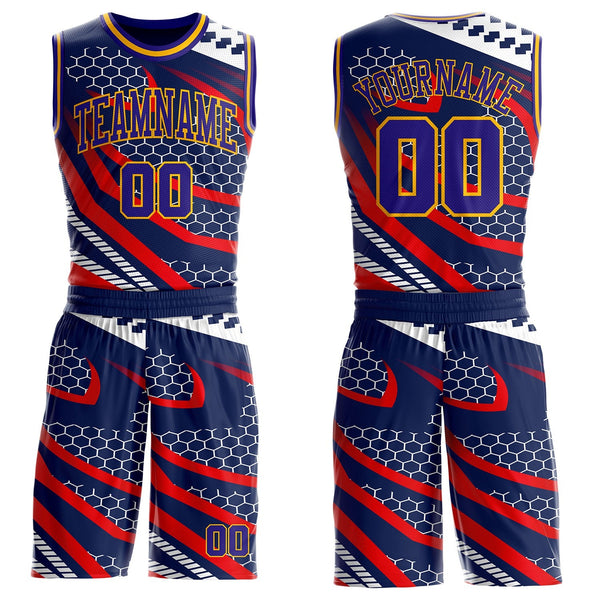 Custom Navy Dark Purple Red-Gold Geometric Abstract Hexagon Round Neck Sublimation Basketball Uniform Jersey
