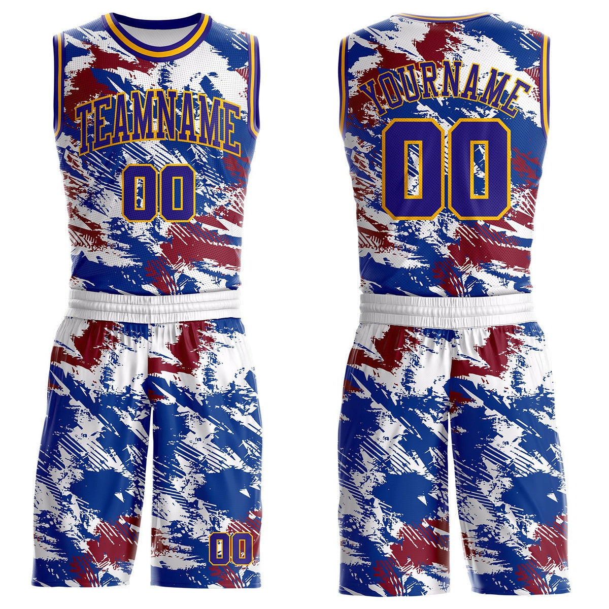 Custom White Dark Purple Blue Red-Gold Brush Stroke Abstract Round Neck Sublimation Basketball Uniform Jersey