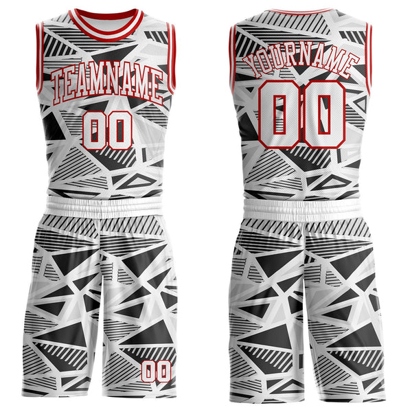 Custom White Black Gray-Red Geometric Abstract Triangle Round Neck Sublimation Basketball Uniform Jersey