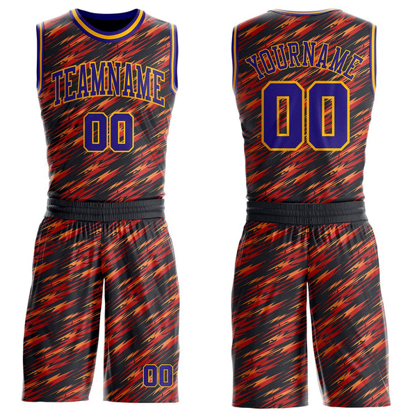 Custom Black Dark Purple Red-Gold Lightning Abstract Round Neck Sublimation Basketball Uniform Jersey