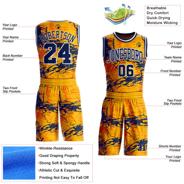 Custom Gold Navy Orange-White Paint Splatter Round Neck Sublimation Basketball Uniform Jersey alternate