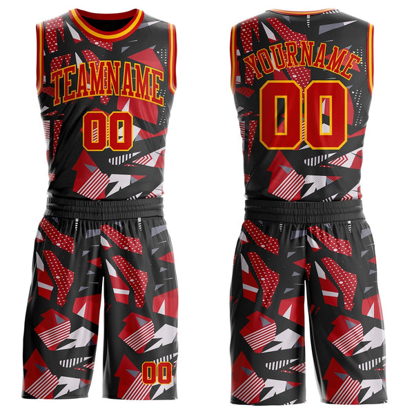 Custom Black Red-Gold Geometric Polka Dot Round Neck Sublimation Basketball Uniform Jersey