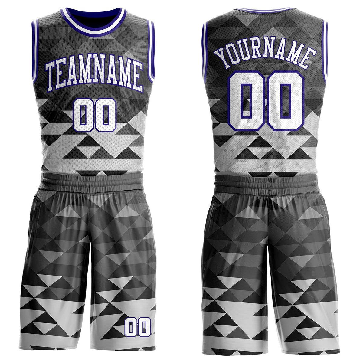 Custom Gray White-Dark Purple Geometric Triangle Round Neck Sublimation Basketball Uniform Jersey