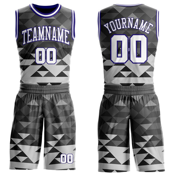 Custom Gray White-Dark Purple Geometric Triangle Round Neck Sublimation Basketball Uniform Jersey