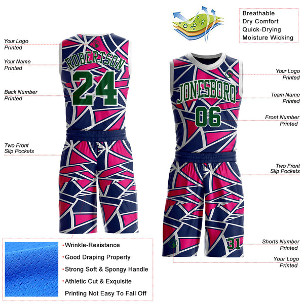 Custom Navy Green Hot Pink-White Abstract Geometric Shards Round Neck Sublimation Basketball Uniform Jersey alternate