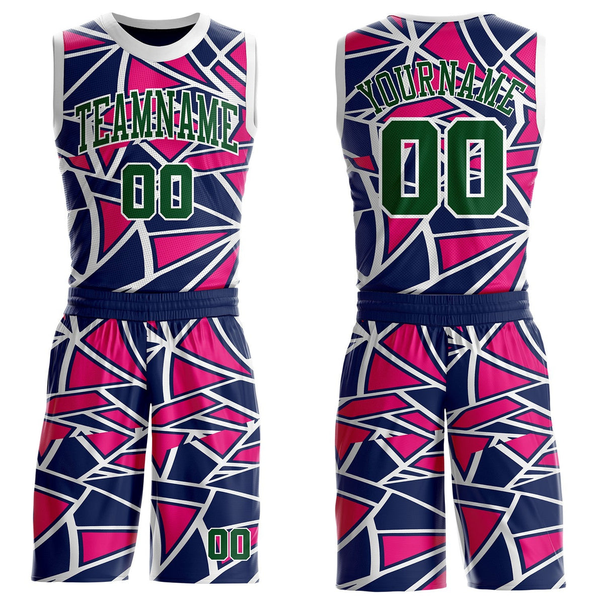 Custom Navy Green Hot Pink-White Abstract Geometric Shards Round Neck Sublimation Basketball Uniform Jersey