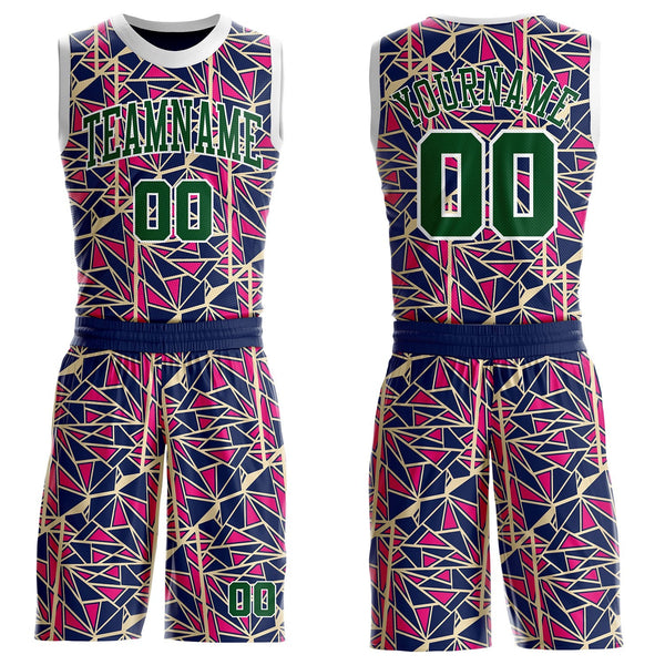 Custom Blue Green Hot Pink-White Abstract Geometric Shards Round Neck Sublimation Basketball Uniform Jersey
