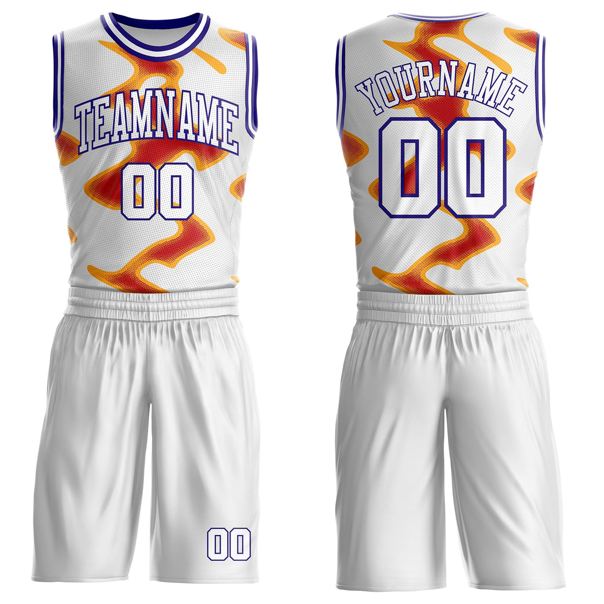 Custom White Red Yellow-Dark Purple Abstract Geometric Round Neck Sublimation Basketball Uniform Jersey