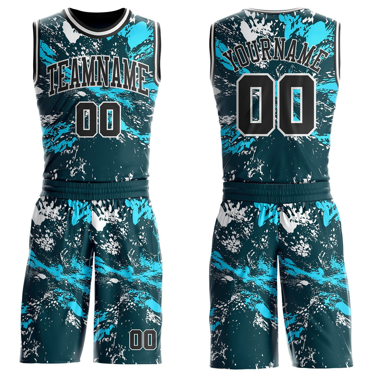 Custom Green Black Lakes Blue-White Paint Splatter Round Neck Sublimation Basketball Uniform Jersey