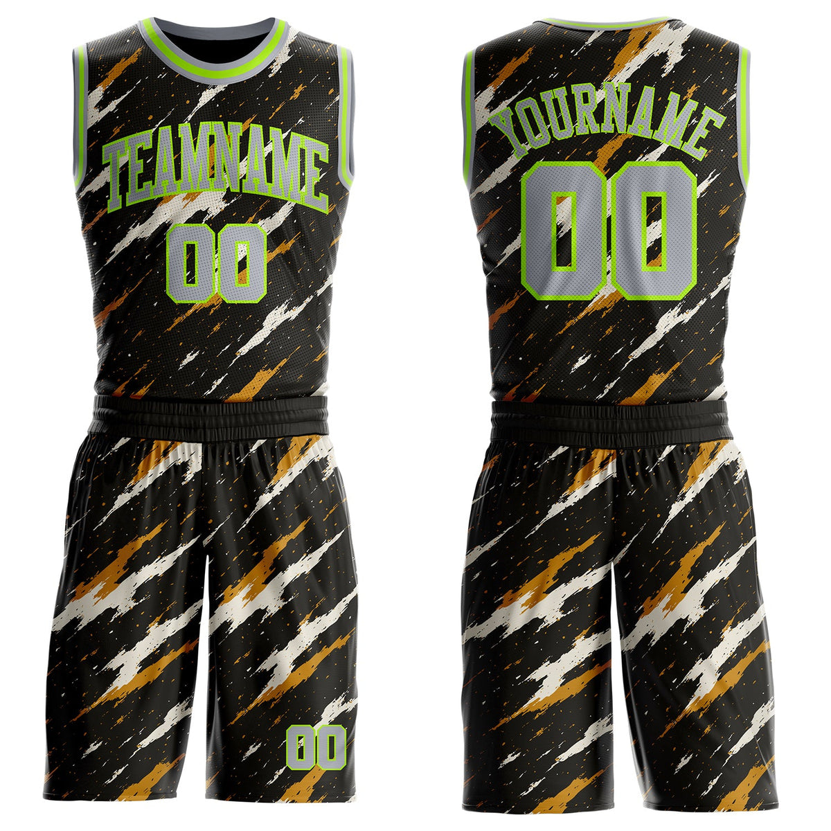 Custom Black Gray Yellow-Neon Green Brush Stroke Abstract Round Neck Sublimation Basketball Uniform Jersey