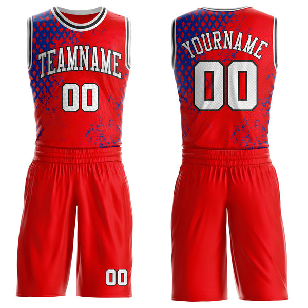 Custom Red White Royal-Black Abstract Geometric Round Neck Sublimation Basketball Uniform Jersey