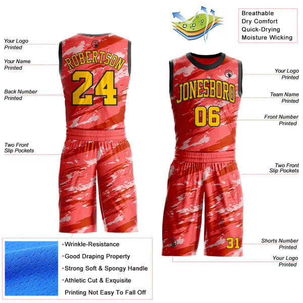 Custom Pink Yellow Red-Black Brush Stroke Abstract Round Neck Sublimation Basketball Uniform Jersey alternate