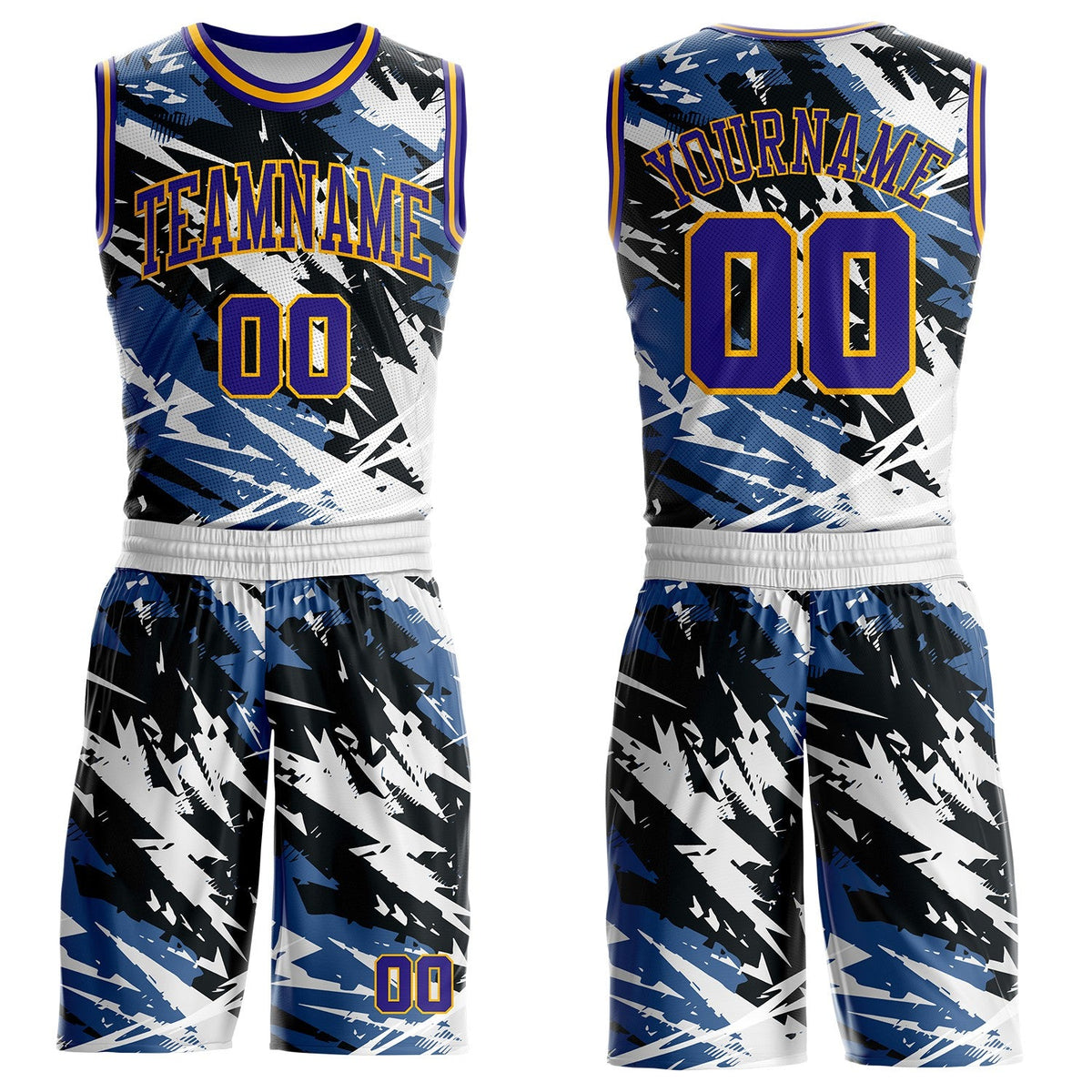 Custom Blue Dark Purple Black-Gold Brush Stroke Abstract Round Neck Sublimation Basketball Uniform Jersey